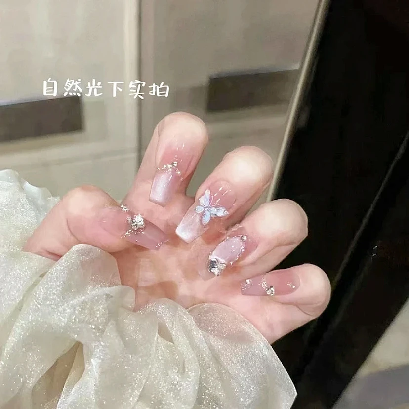 【月下蝴蝶】纯手工穿戴甲冰透渐变猫眼蝴蝶法式美甲贴片高级感