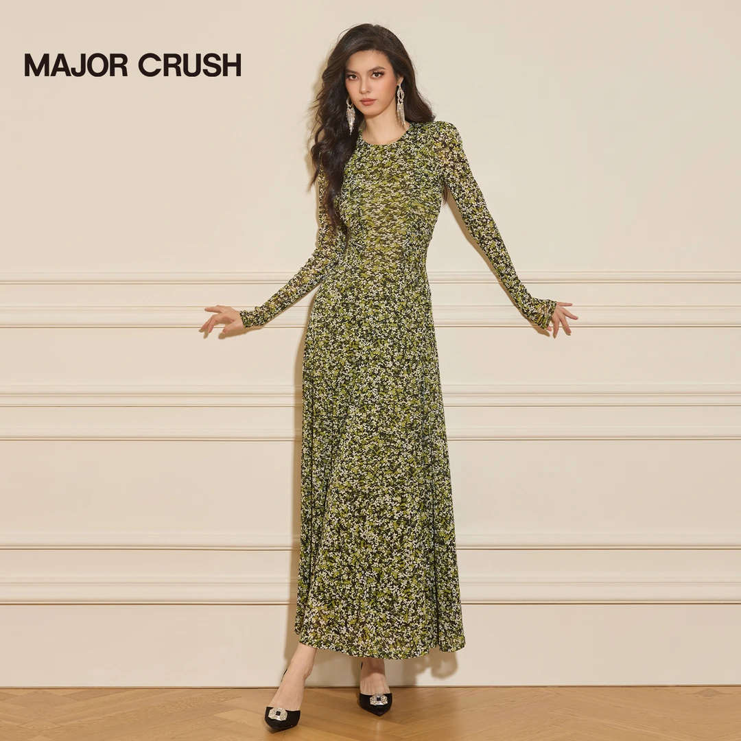 MAJOR CRUSH复古初秋款碎花显瘦优雅气质时尚花间苍野连衣裙6516
