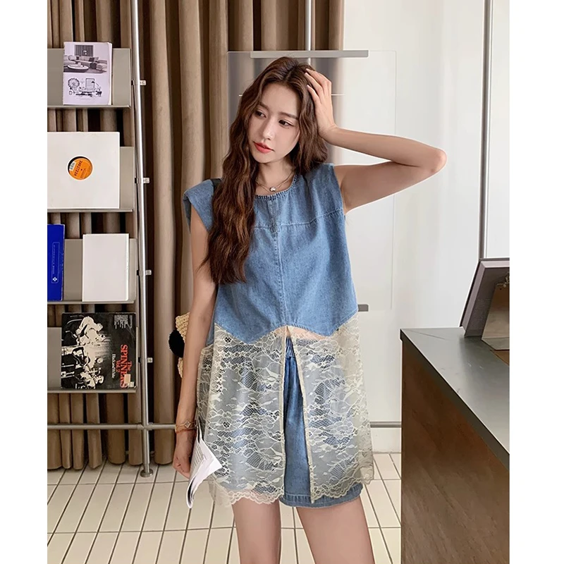 牛仔套装女2025夏新款休闲小众设计感蕾丝拼接背心马甲短裤两件套