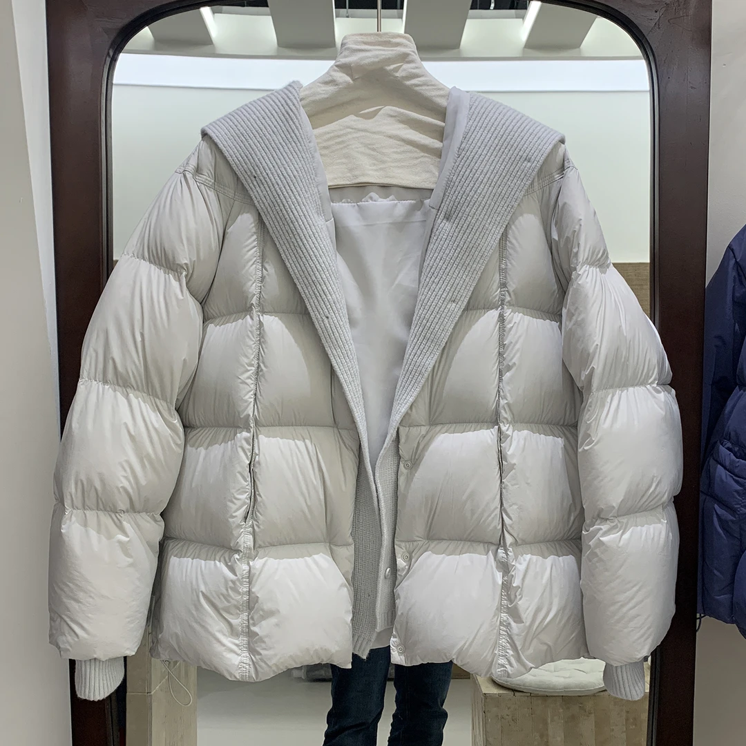 韩系针织帽拼接短款羽绒服女2025冬季新款宽松保暖90白鸭绒外套潮