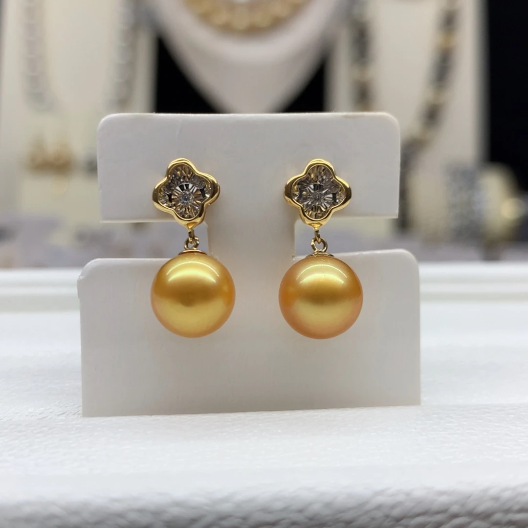 耳饰海水珍珠18K金镶嵌8.4mm金珠耳坠