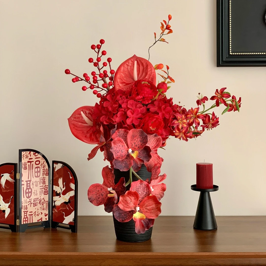 满堂红 新年高端仿真花花束摆件新年乔迁装饰品客厅婚房布置红色