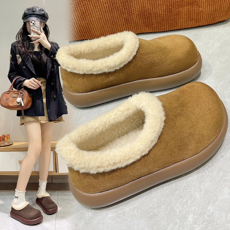 网红爆款加绒保暖博肯鞋女2025冬季新款一脚蹬毛毛棉鞋软底雪地靴