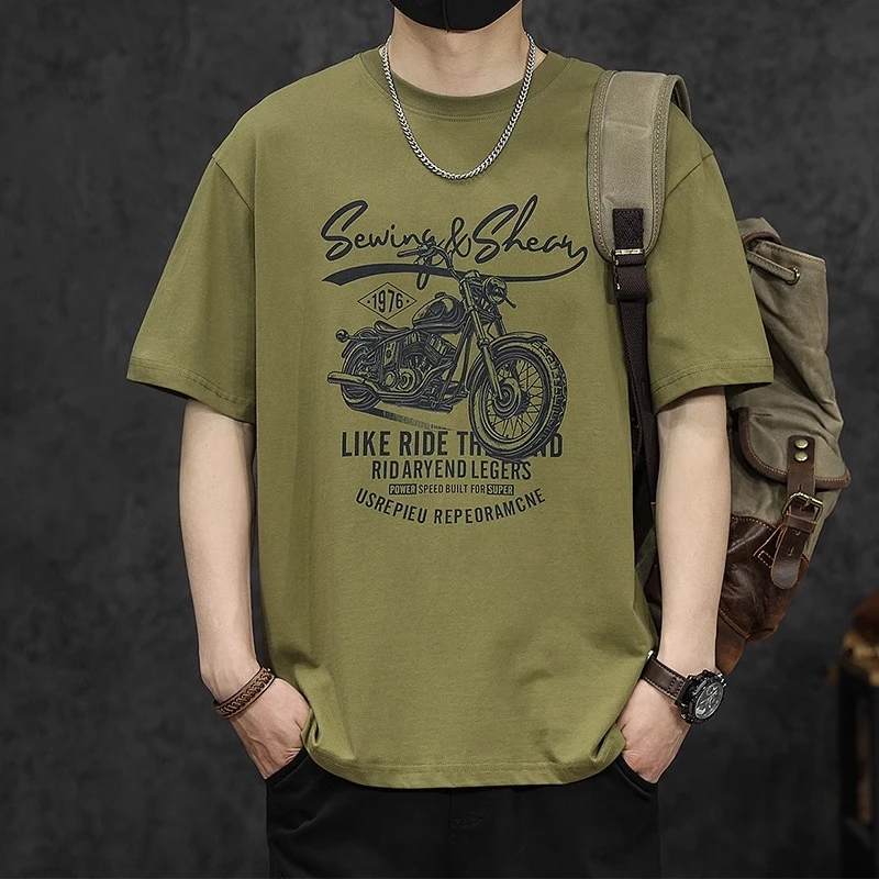 美式机车复古短袖t恤男夏季潮牌重磅260宽松印花新款纯棉半袖体恤