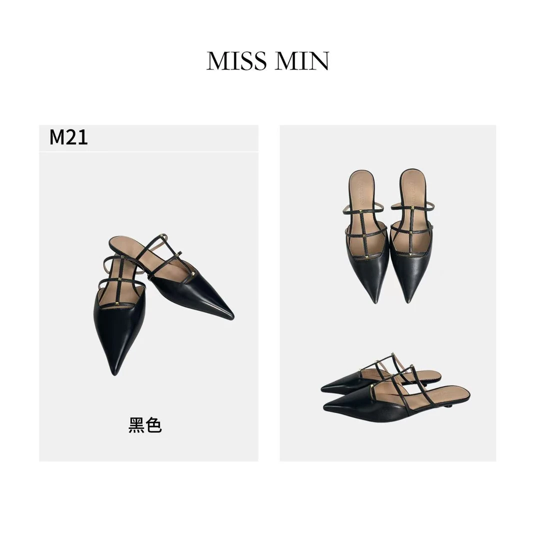 MISS MIN  M21仙女风铆钉尖头牛皮半拖凉鞋细带包头后空穆勒女鞋