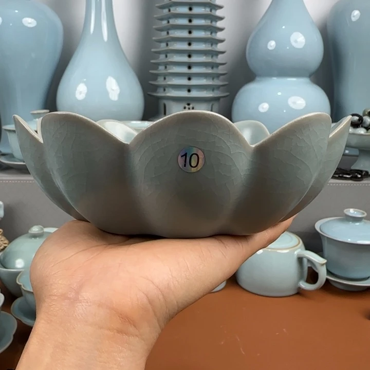 摆件程***生汝瓷莲瓣盘仿古釉支钉烧瑕10