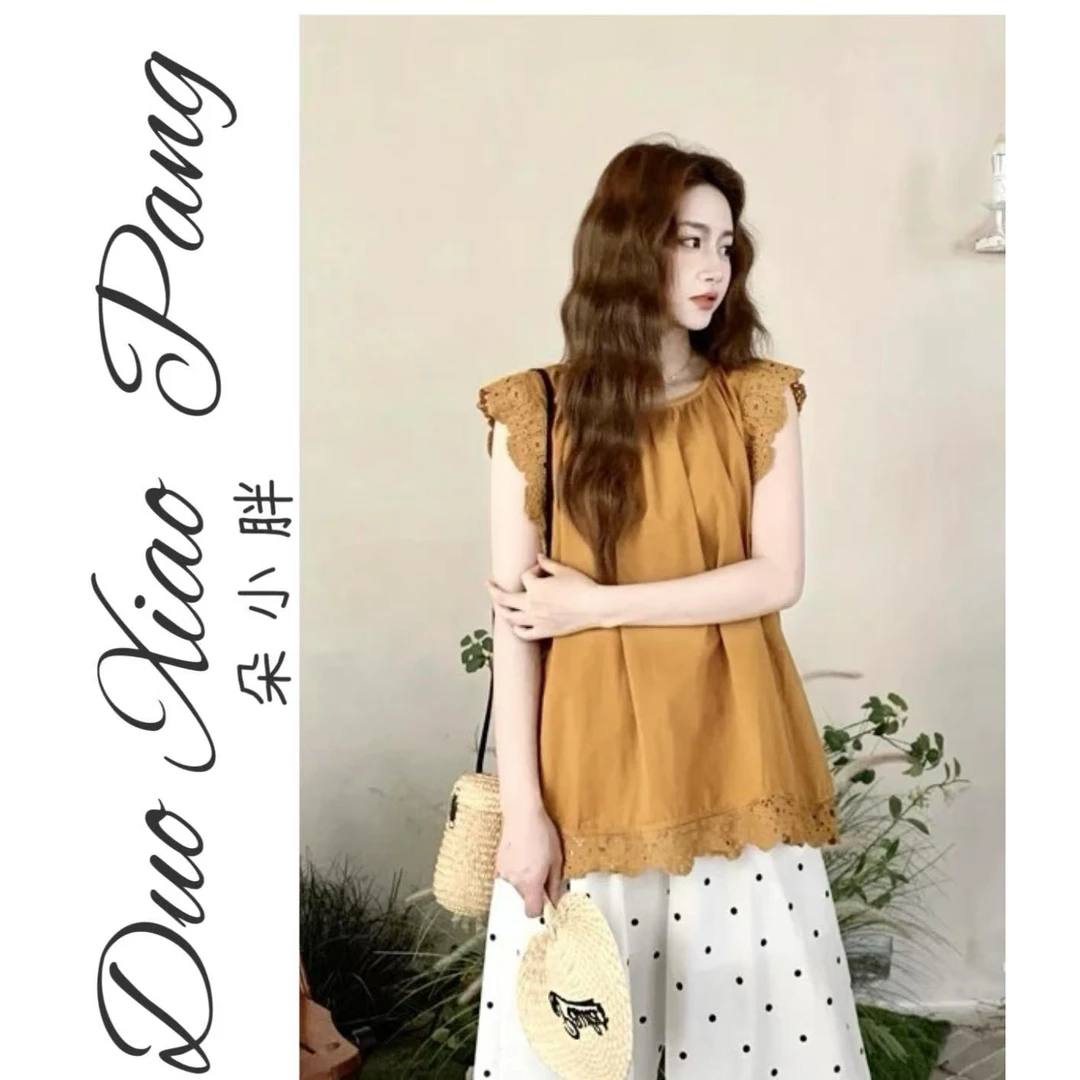 胖小朵飞飞袖圆领夏季拼接短袖衬衫遮肚夏装欧若动感风3537