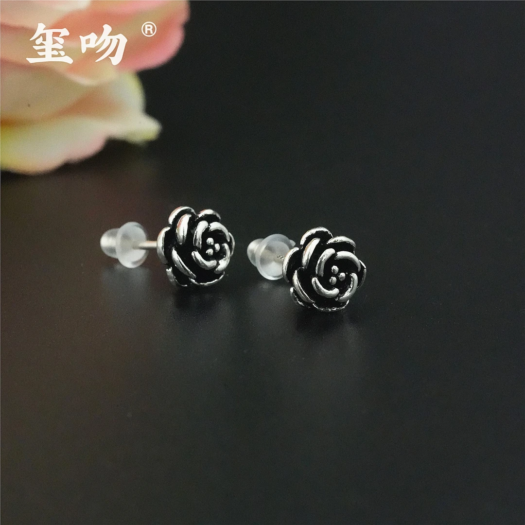 925银耳饰 【玺吻】s925银 气质百搭款玫瑰花耳钉 复古纯银耳钉