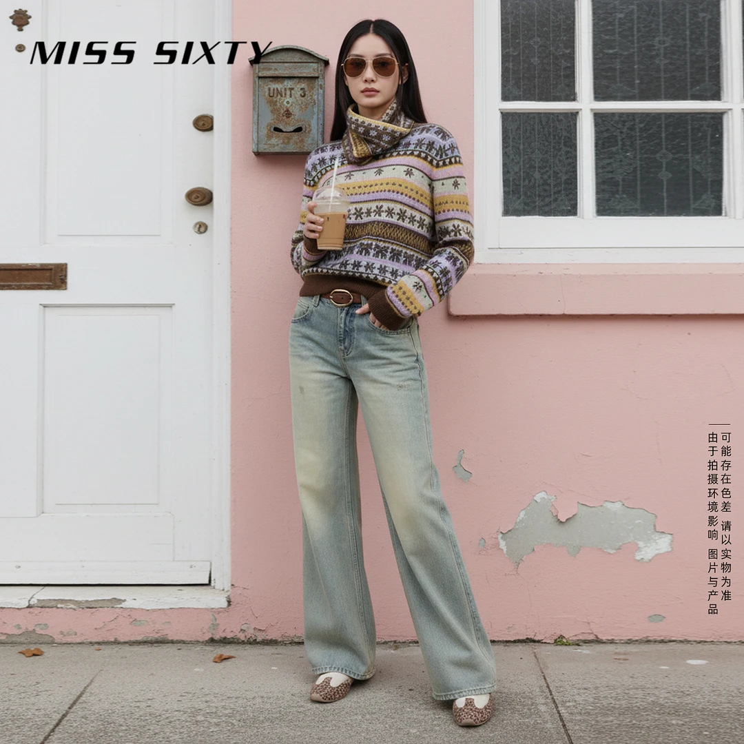 Miss Sixty2026春季新款牛仔裤女中腰复古做旧洗水撞钉显瘦喇叭裤