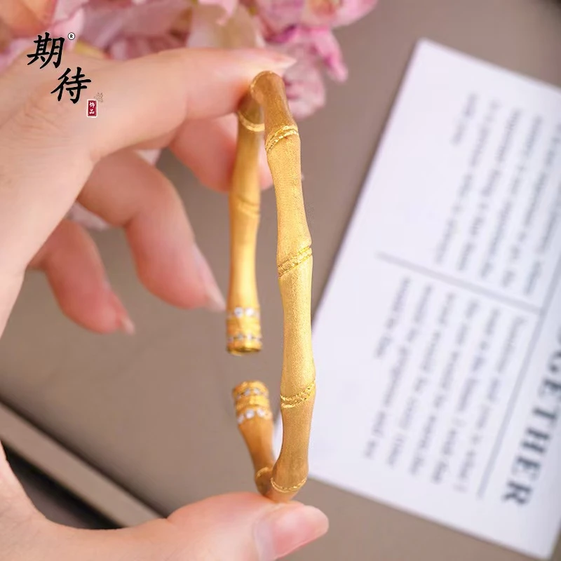 铜合金合成锆石手镯 拉丝镶钻竹节手镯女新中式复古开口手镯