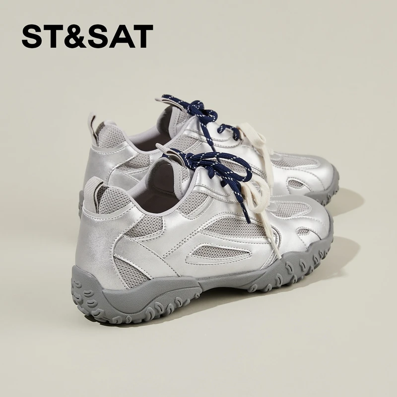 星期六复古银色真皮德训鞋女鞋软底增高潮流运动鞋百搭透气休闲鞋