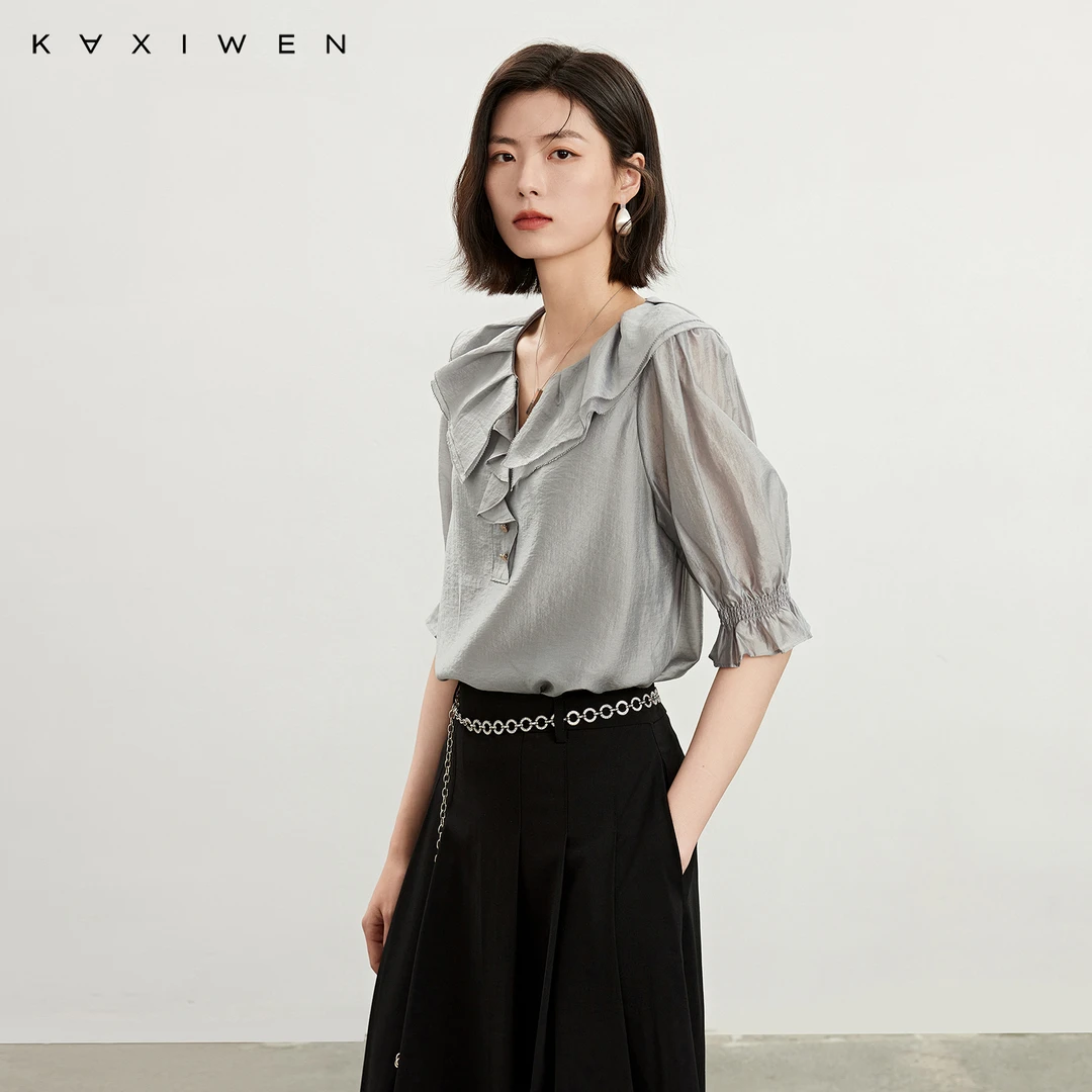 佧茜文优雅浪漫荷叶领宽松小衫【夏新】时尚薄款喇叭袖女X04AXN2324