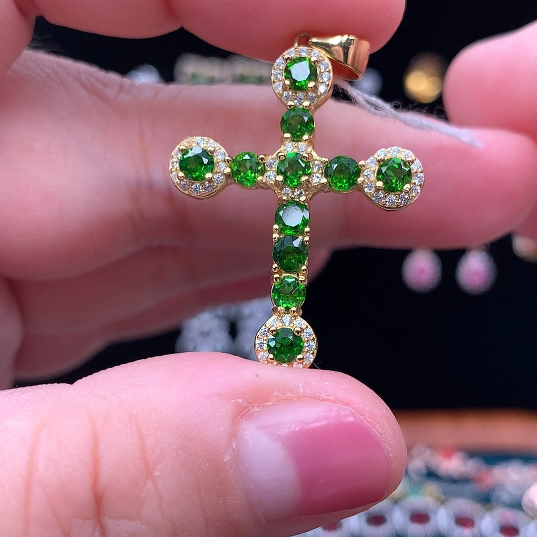 银S925镀金镶嵌吊坠不带链透辉石