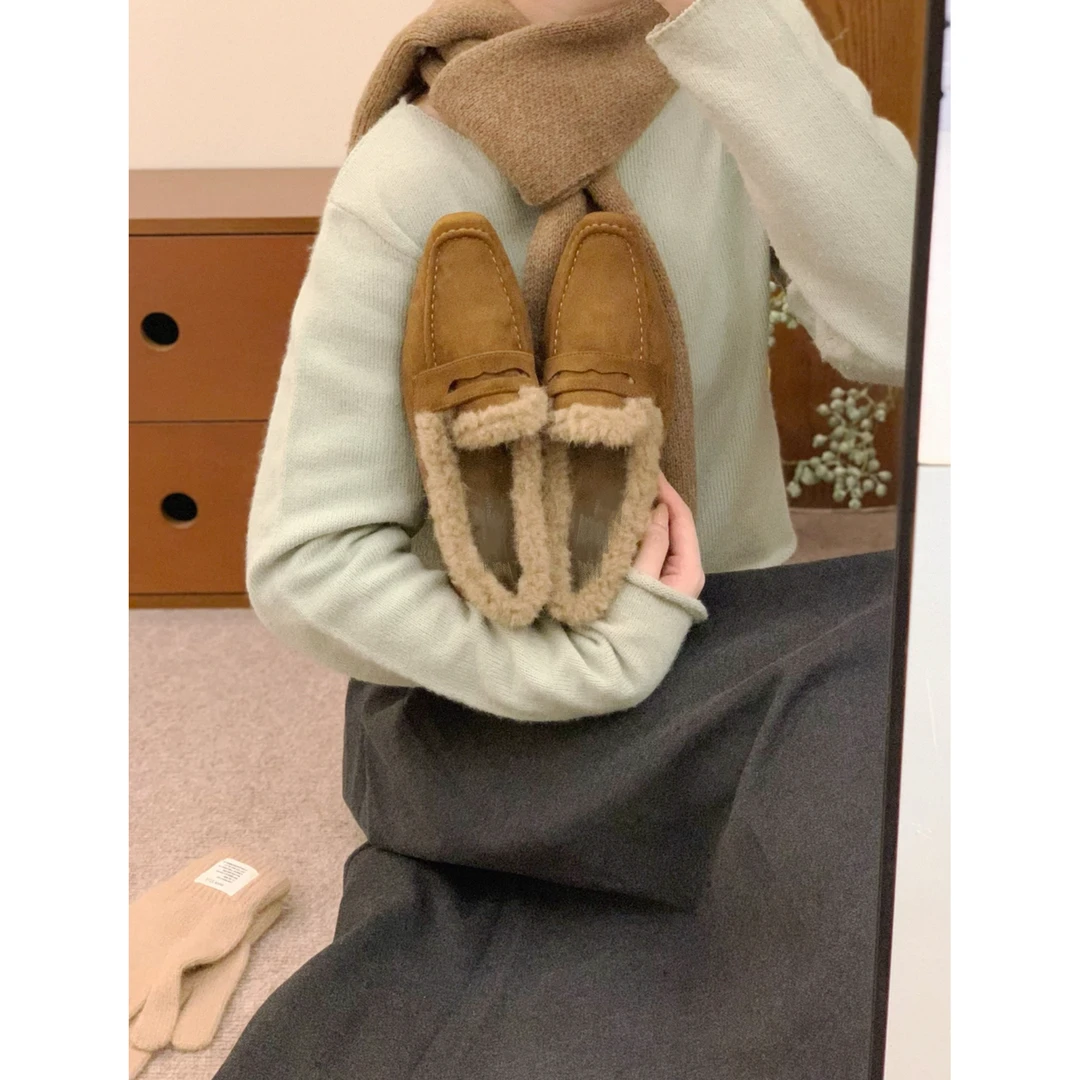 YZ9096韩版复古小众加绒乐福鞋女秋冬款保暖毛毛单鞋