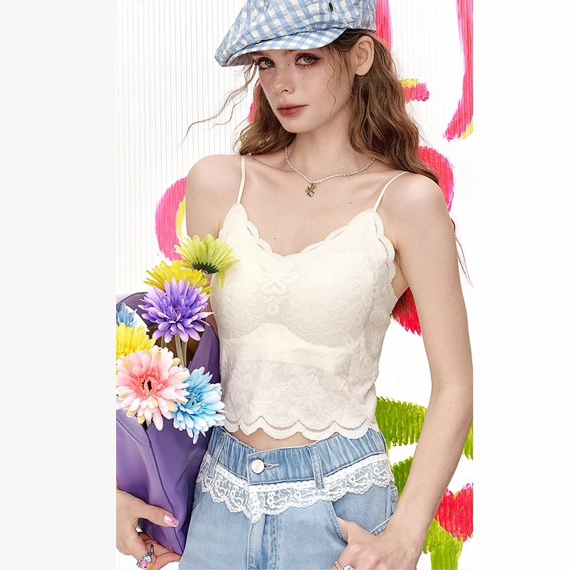 蕾丝拼接蝴蝶结吊带女2025年夏季新款带胸垫美背甜美百搭无袖背心