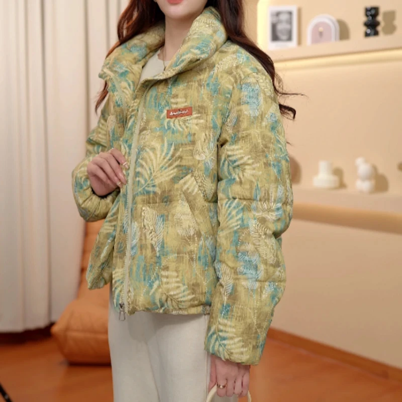 休闲风树叶纹棉服2025冬季翻领设计日常保暖舒适高级休闲风松弛感