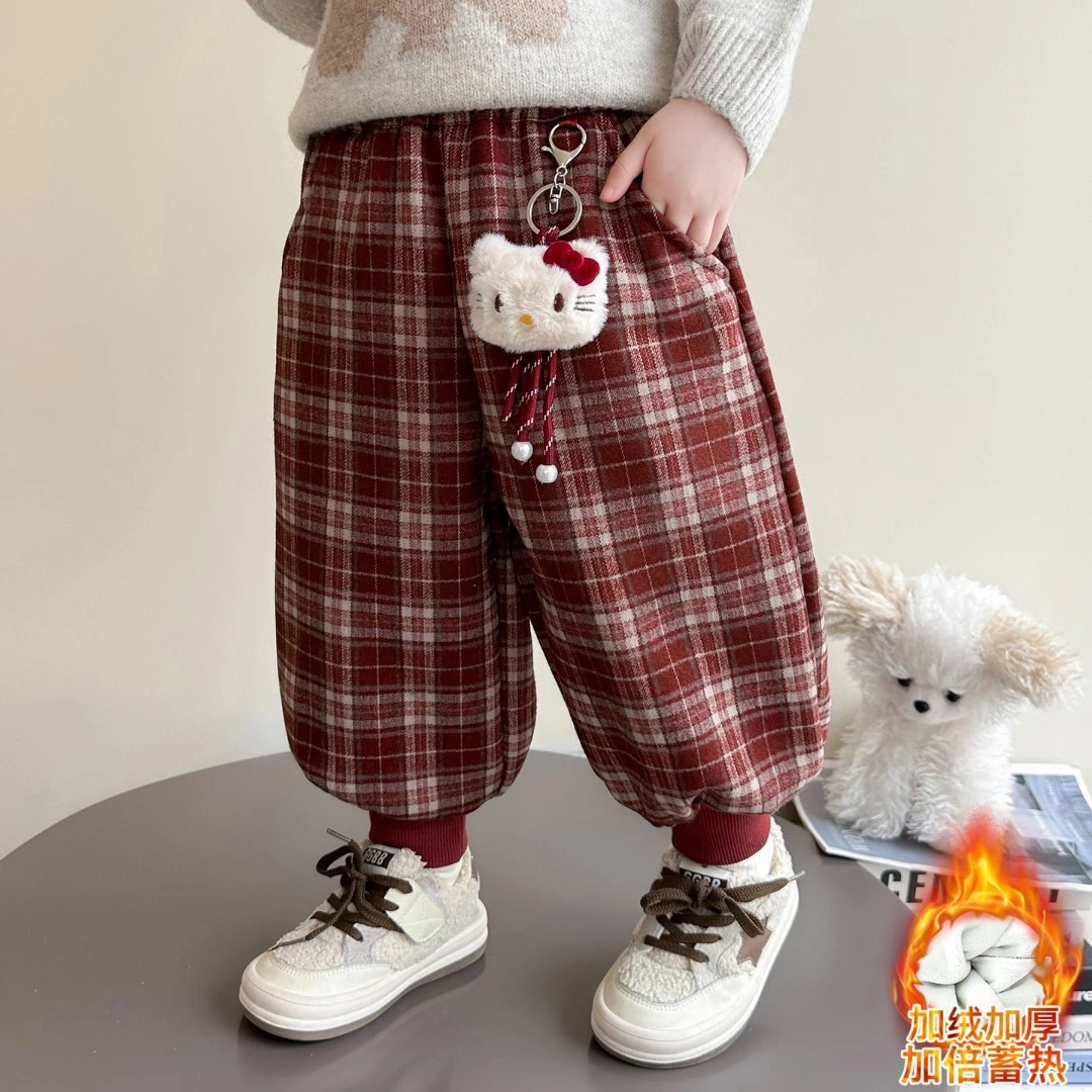 女童加绒格子裤洋气儿童秋冬装新款女宝宝一体绒休闲裤子小女孩潮