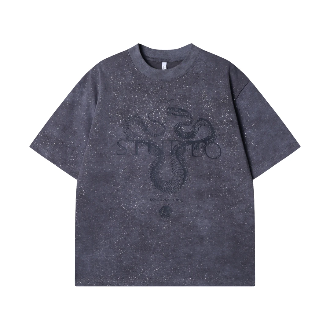 夏季高级感新款美式重磅满天星蛇印花圆领短袖T恤嘻哈痞帅上衣