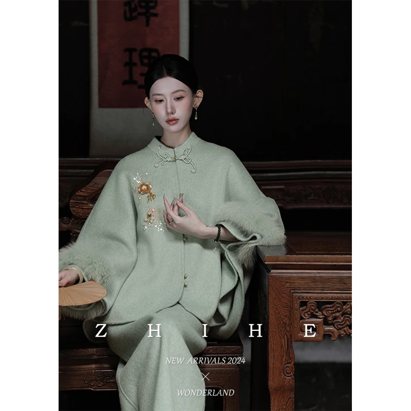 至禾Wonderland【丹青客】手工坊-100羊毛刺绣双面呢斗篷大衣+半裙