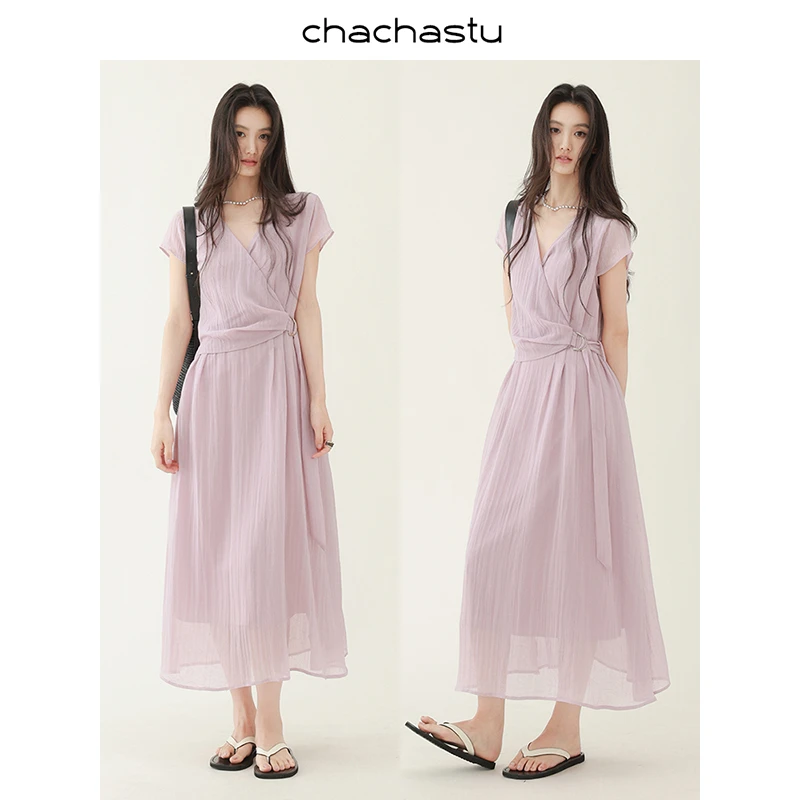 CHACHASTU法式斜襟设计长裙夏季气质收腰网纱V领连衣裙ZRS1561