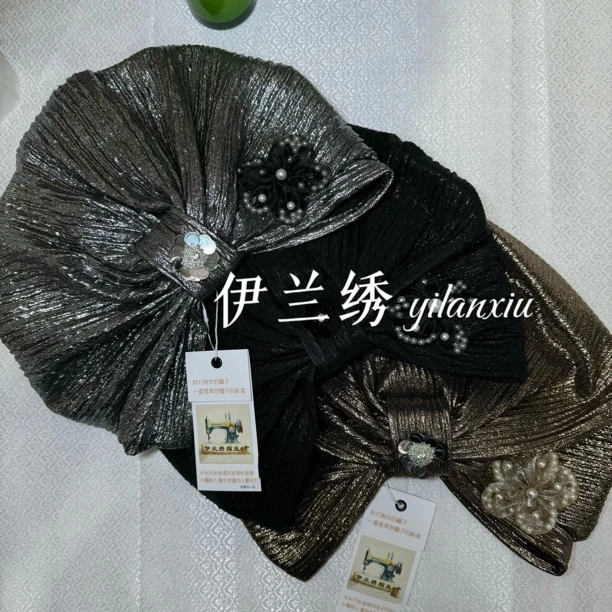 n3-回族小姐姐新款发带帽褶皱亮光面料秋冬百搭包头帽帽子女士