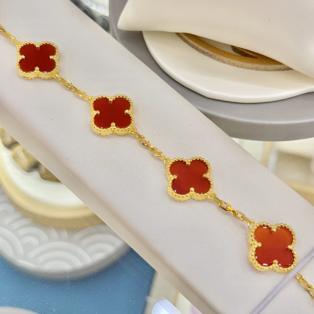 足银银制品 渡金银红四叶草手链