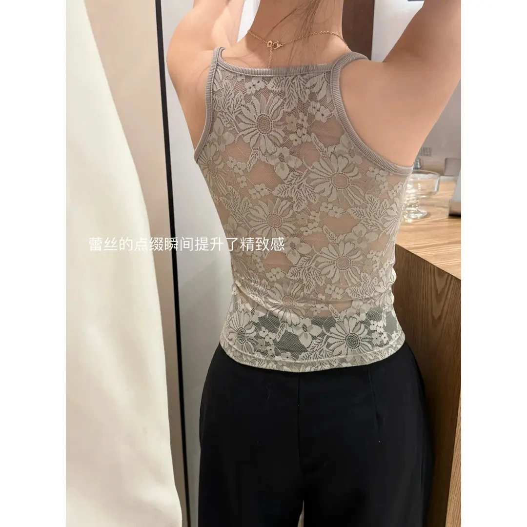 印像家【百搭美背】早秋新款U领镂空蕾丝性感吊带背心女带胸垫修身