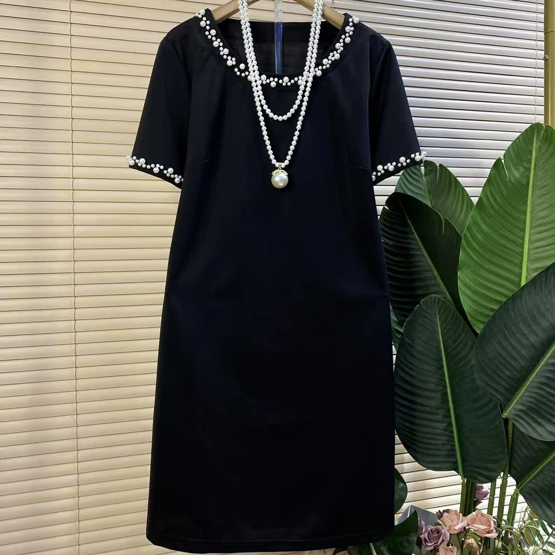 Y胖mm欧货时尚新款重工钉珠拼接气质显瘦连衣裙