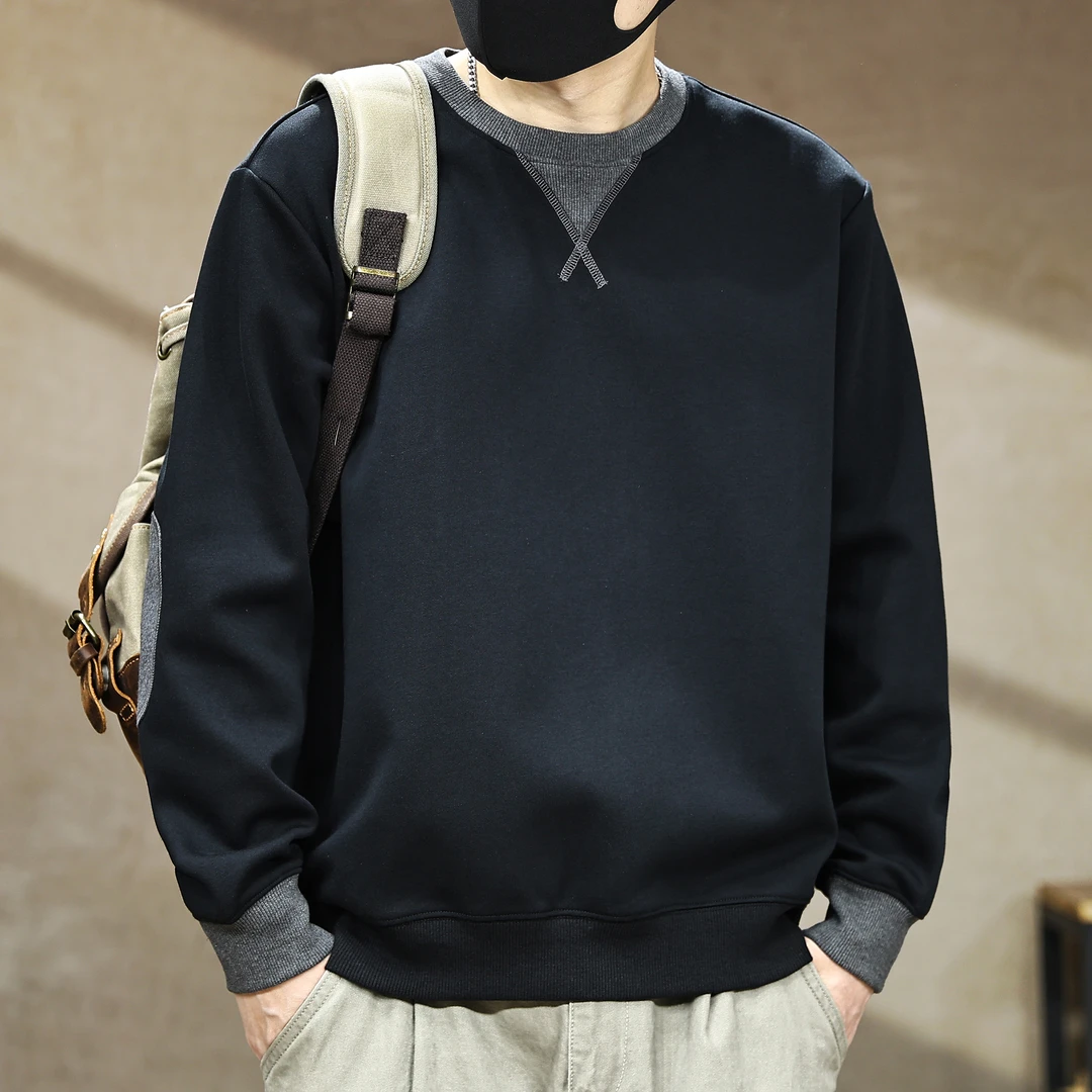 美式高端复古撞色圆领卫衣男秋季新款300g重磅休闲拼接套头衫上衣