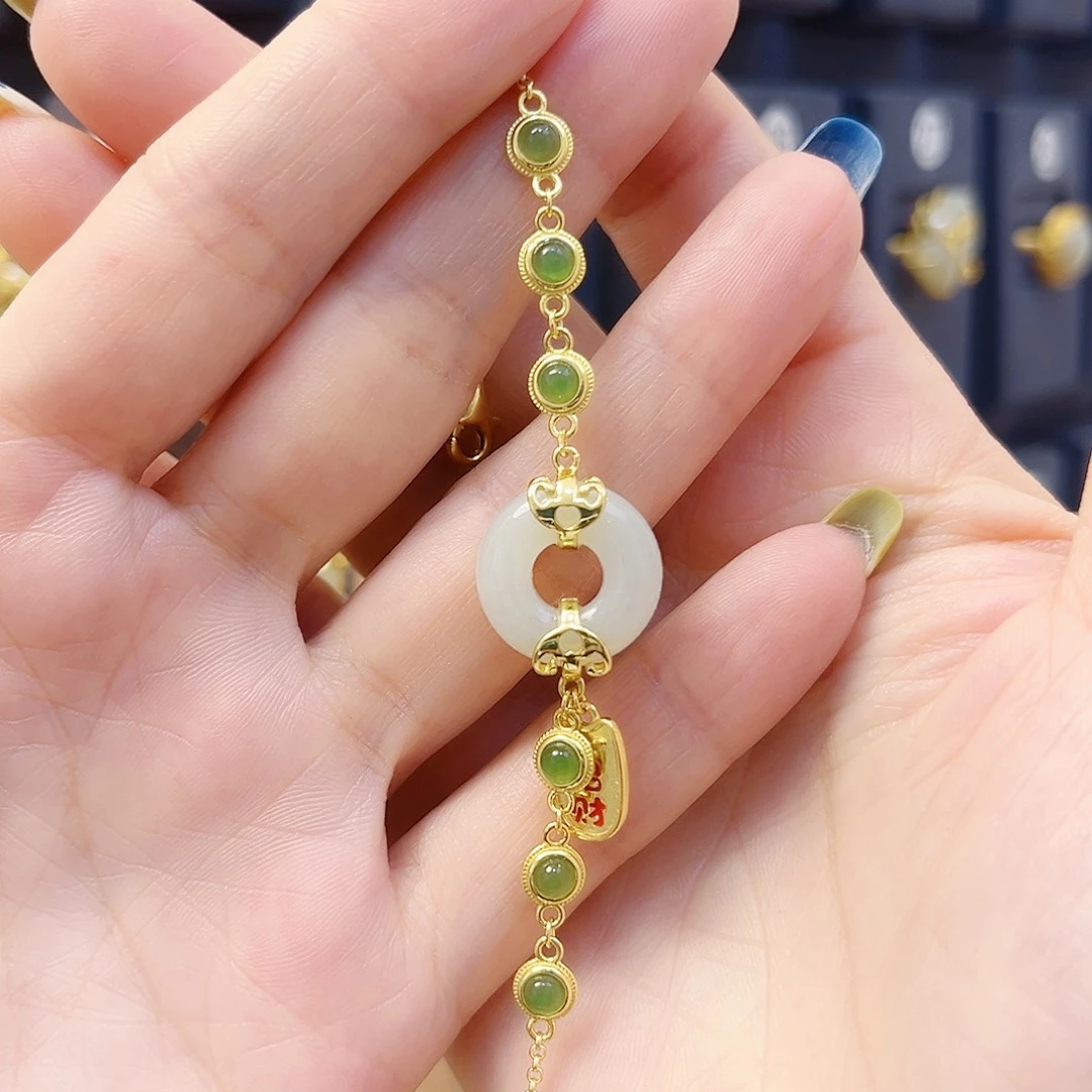 和田玉足银镀金镶嵌手链