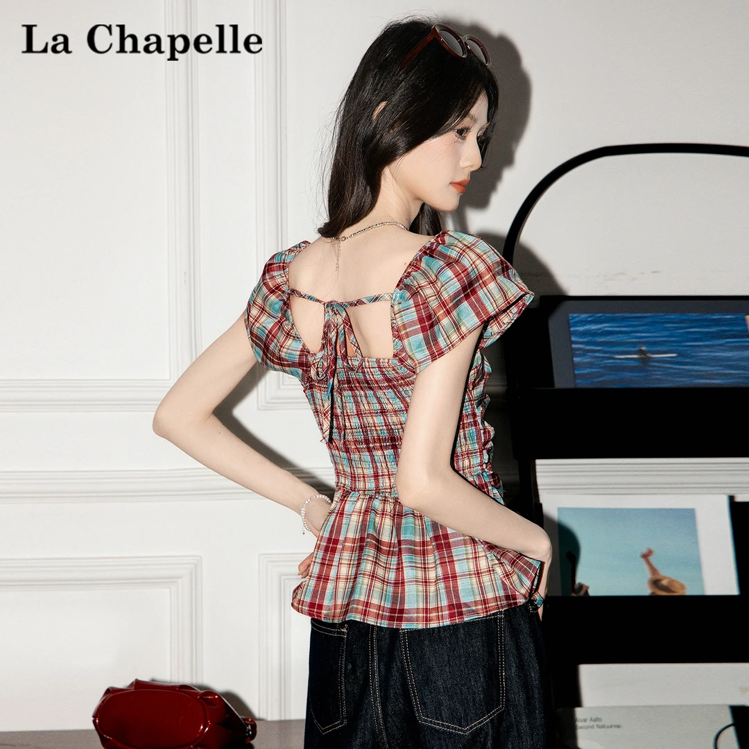 拉夏贝尔复古系带格子方领小飞袖短袖衬衫女2025夏新美背衬衣上衣