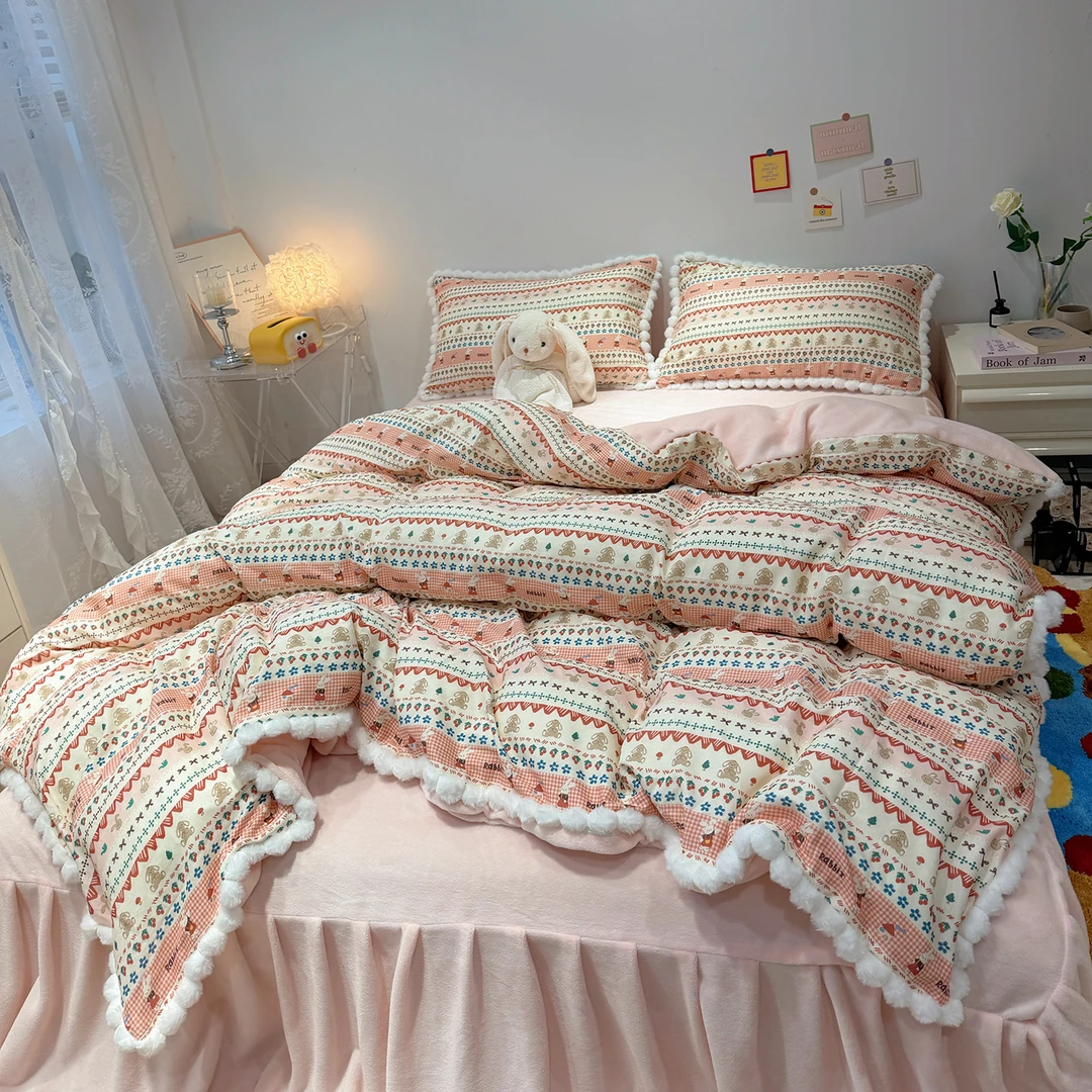 秋冬保暖棉加绒四件套a版双层纱b版牛奶绒被套加绒床单法兰绒床裙