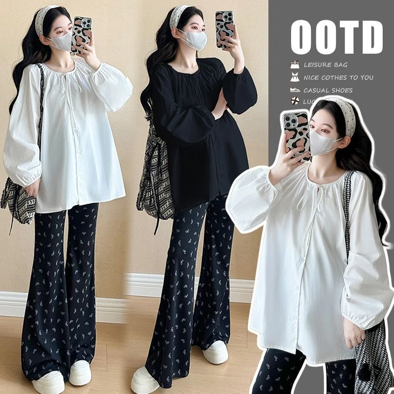 2025春季新款套装宽松圆领衬衫孕妇长袖上衣＋孕妇微喇裤两件套