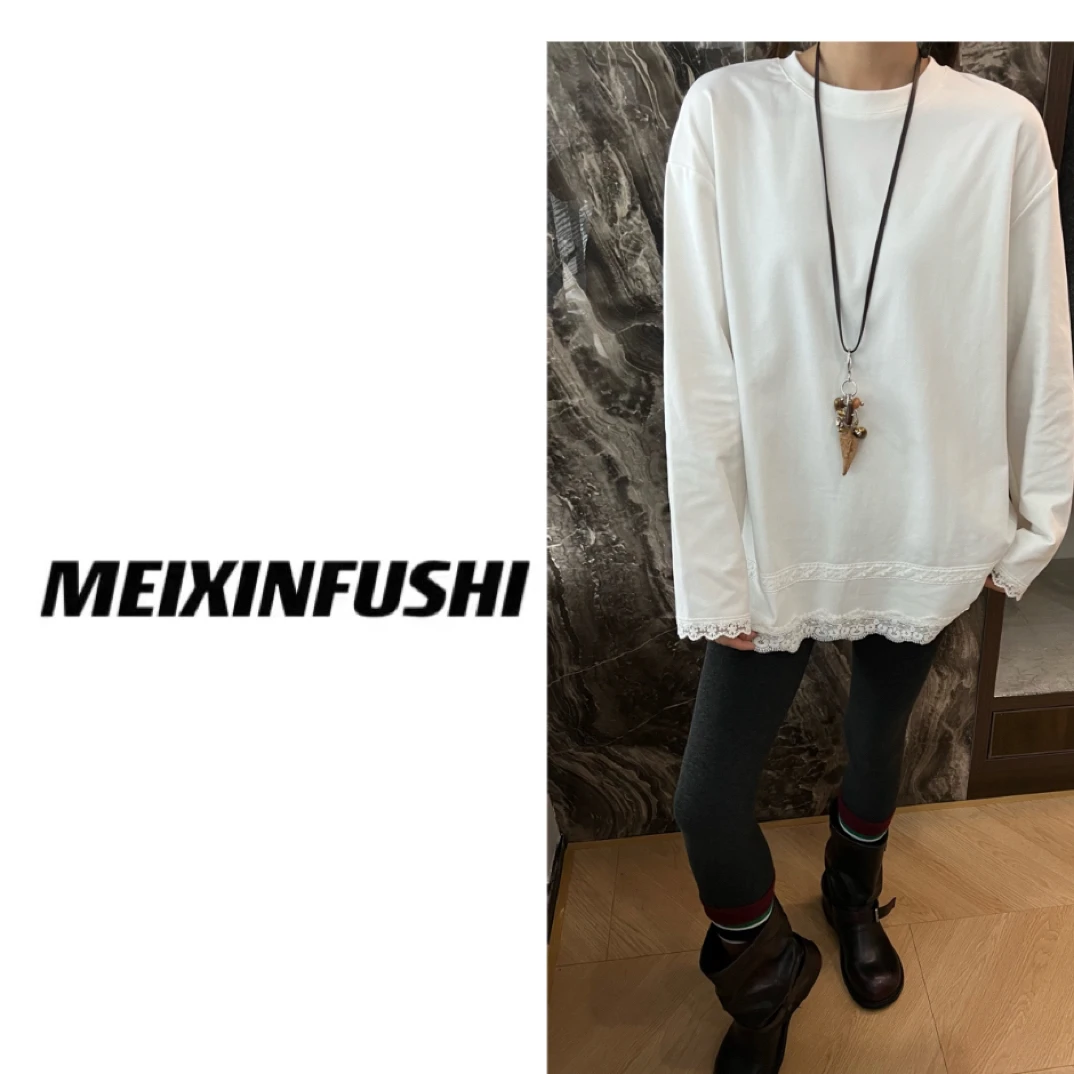 【Mei Xin】下摆蕾丝拼接设计加绒加厚打底上衣/9182/D