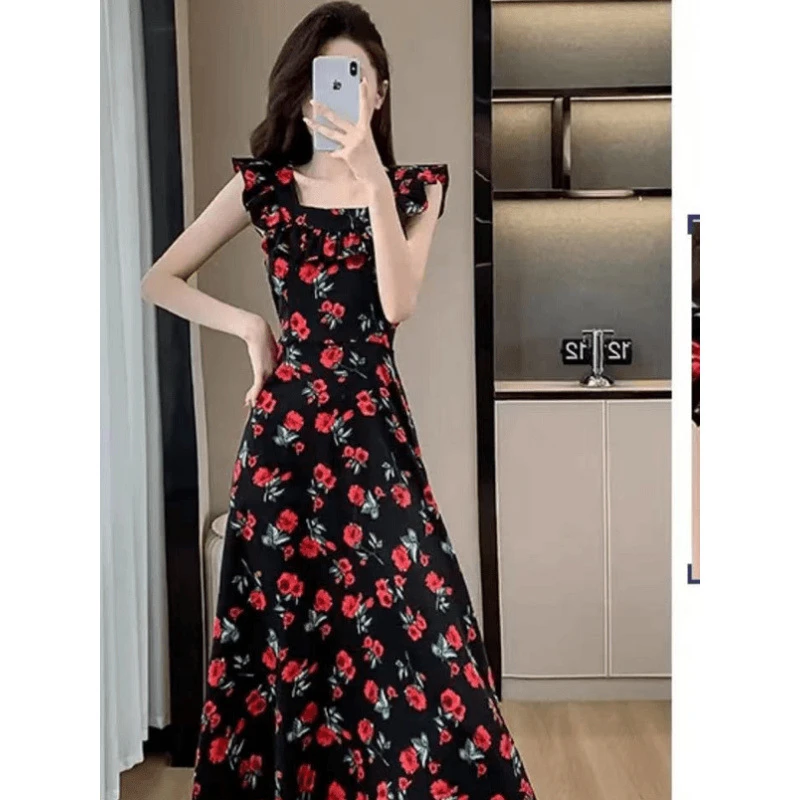 【8238人收藏】2025夏季新款法式收腰小飞袖长款V领衣裙前后两穿