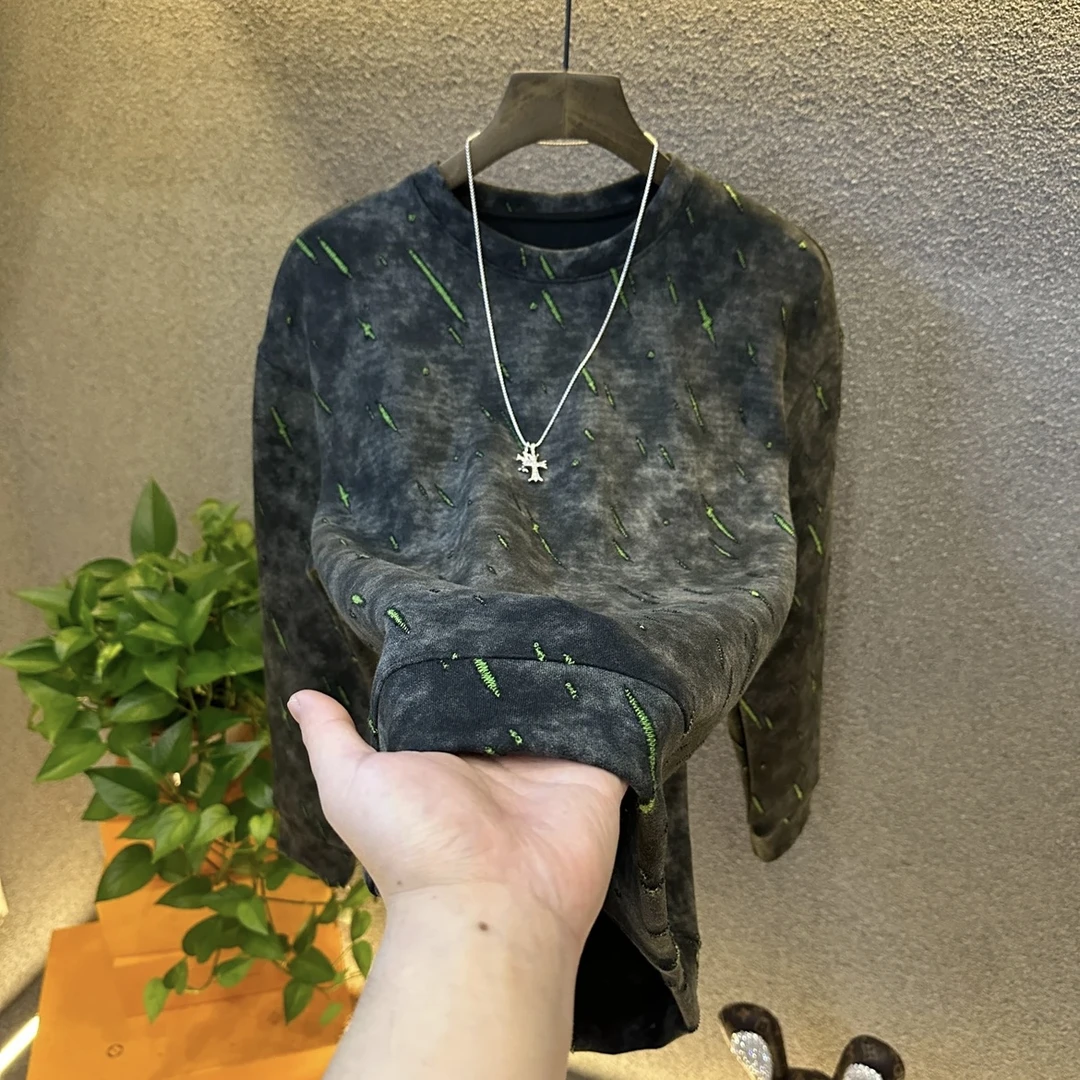 2024冬季加绒流星条纹新款男士上衣爆款轻奢高定长袖卫衣潮流破洞