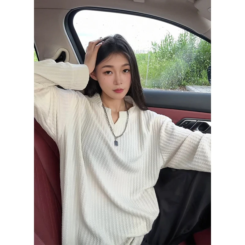 早秋白色肌理感卫衣小V领长袖T恤男女美式慵懒风高级感内搭打底衫