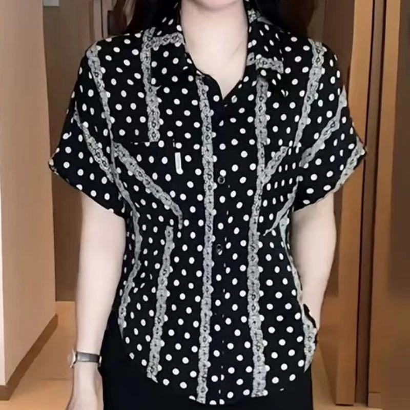 夏季设计感薄款复古大码波点条纹法式套头衬衫显瘦百搭款T恤