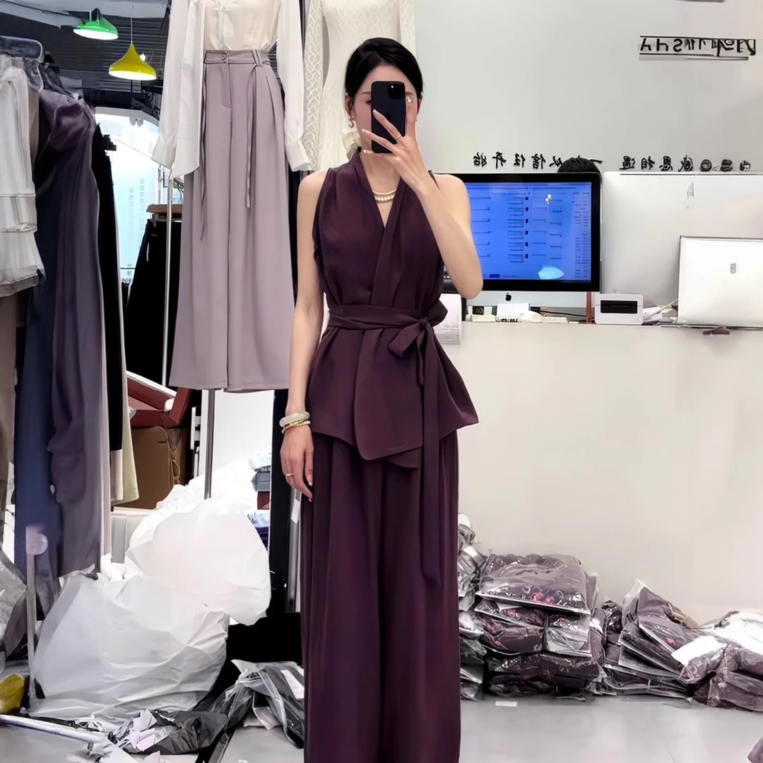 VOCKOO官方时尚套装女夏季新款气质高级感收腰显瘦无袖挂脖上衣阔