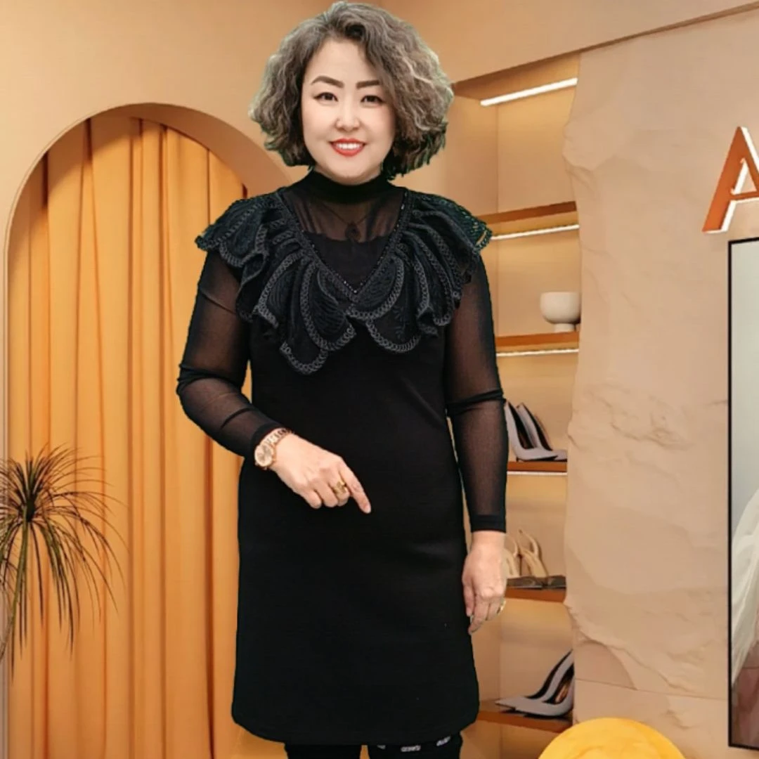 蕾丝拼接堆堆领长袖修身显瘦时尚气质通勤优雅中长款连衣裙