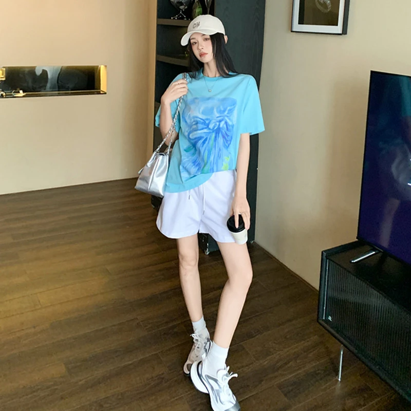 夏季新款休闲运动套装女时尚宽松显瘦蓝色短袖T恤短裤两件套