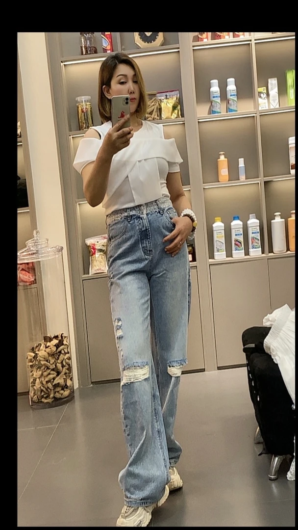 长裤印染微弹阔腿裤薄款牛仔裤春夏破洞裤子九分显瘦