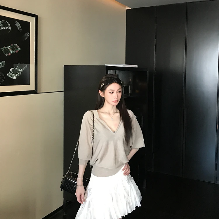 【青苍5折】Skk Store 松弛老钱 天丝亚麻大V领宽松慵懒风薄款针织