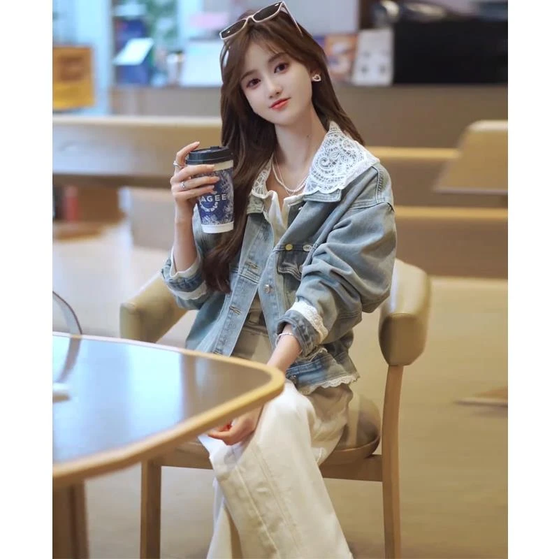 VOCKOO官方港风复古牛仔外套女2025春季设计感蕾丝拼接气质百搭短