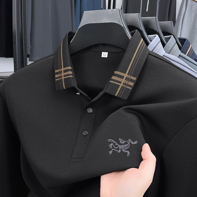 【海外撤柜】长袖翻领T恤男士春秋高端商务休闲含羊毛蚕丝polo衫