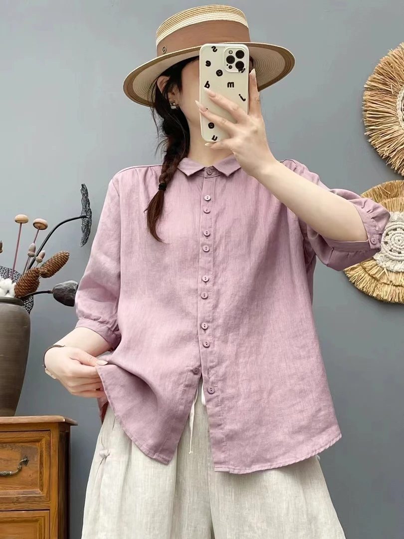 高端雨露亚麻气质款夏季新款圆领短袖休闲百搭时尚宽松显瘦衬衫
