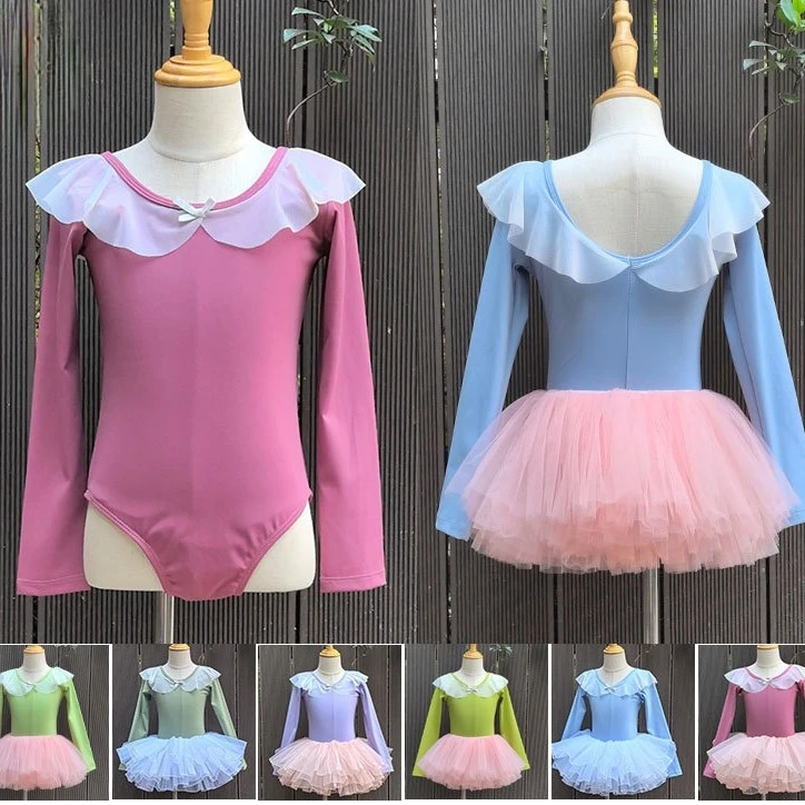 新款儿童舞蹈服圆领花边长袖春秋练功服幼儿民族舞女童公主连体服