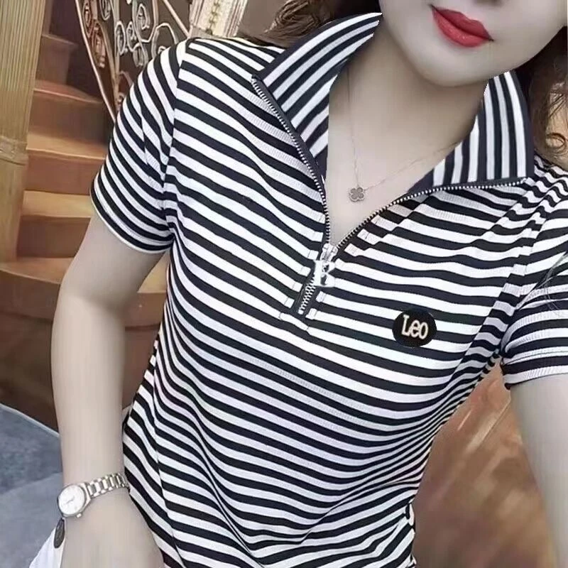 polo衫条纹短袖t恤女装新款立领半拉链时尚翻领撞色休闲百搭上衣