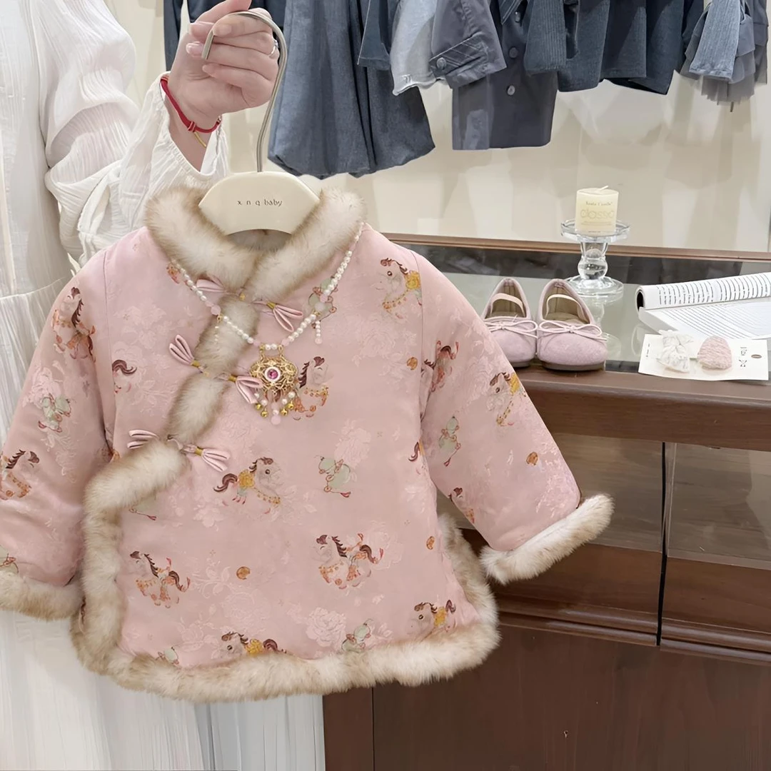 马上有钱！女童新中式改良毛边旗袍裙拜年服儿童宝宝洋气棉服裙