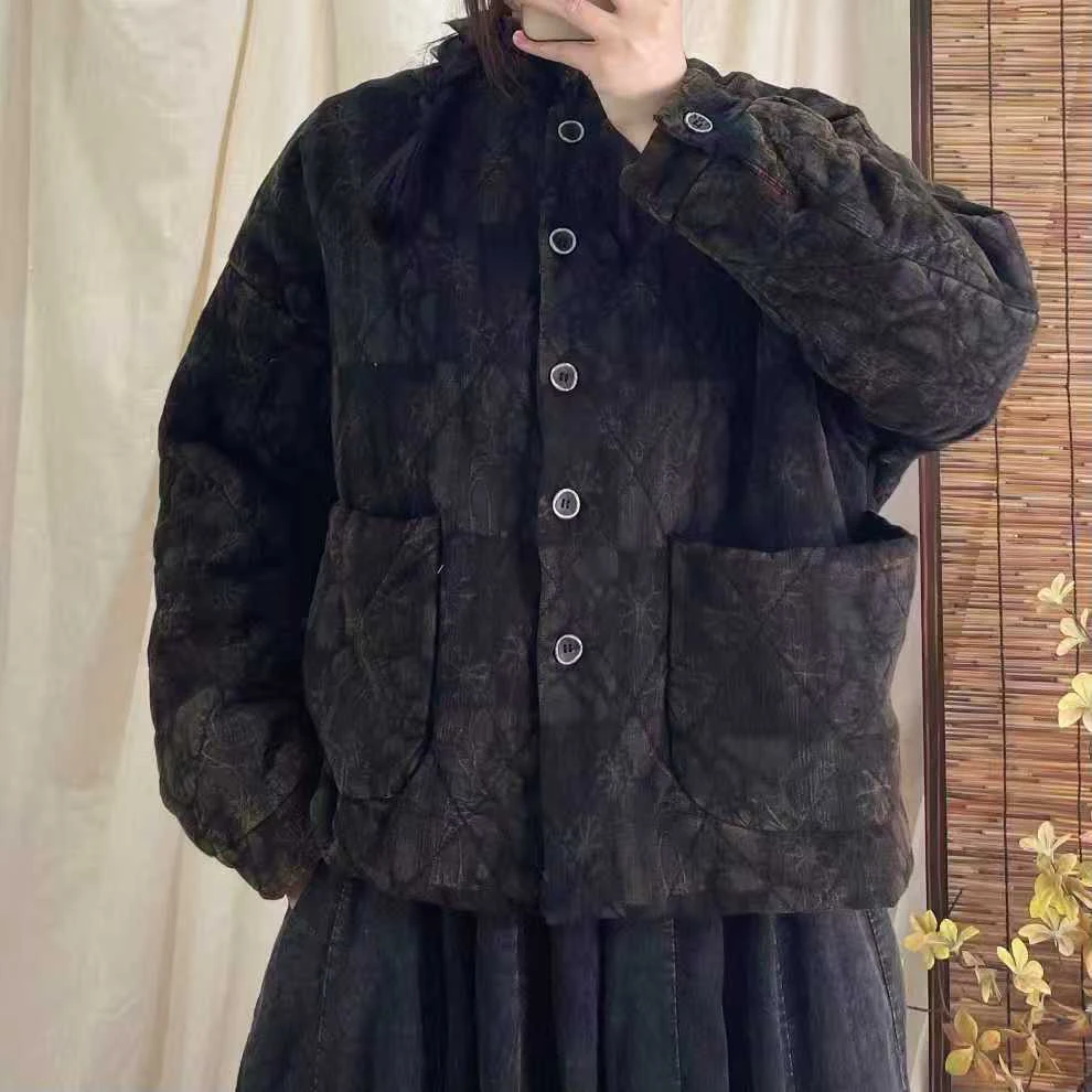 2025新款高端复古棉麻格纹炒色小立领棉服